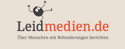 Logo des  Vereins Leidmedien. Text: Über Menschen mit Behinderungen berichten