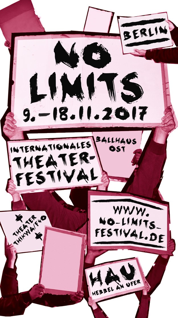 NO LIMITS 2017 Plakatmotiv - Weinrote Hände halten Schilder und Transparente hoch. Darauf stehen die Spielorte.